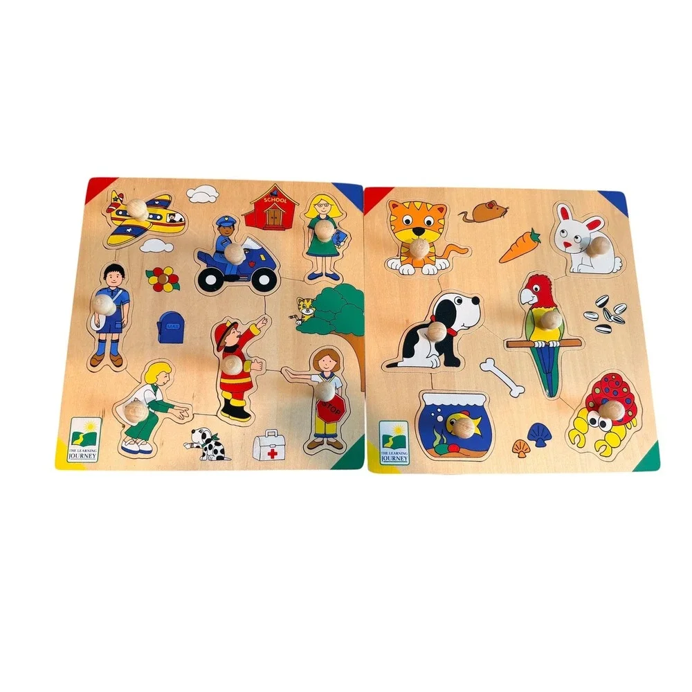The Learning Journey Wooden Peg Puzzle Set of 6 with Blue Metal Storage Rack